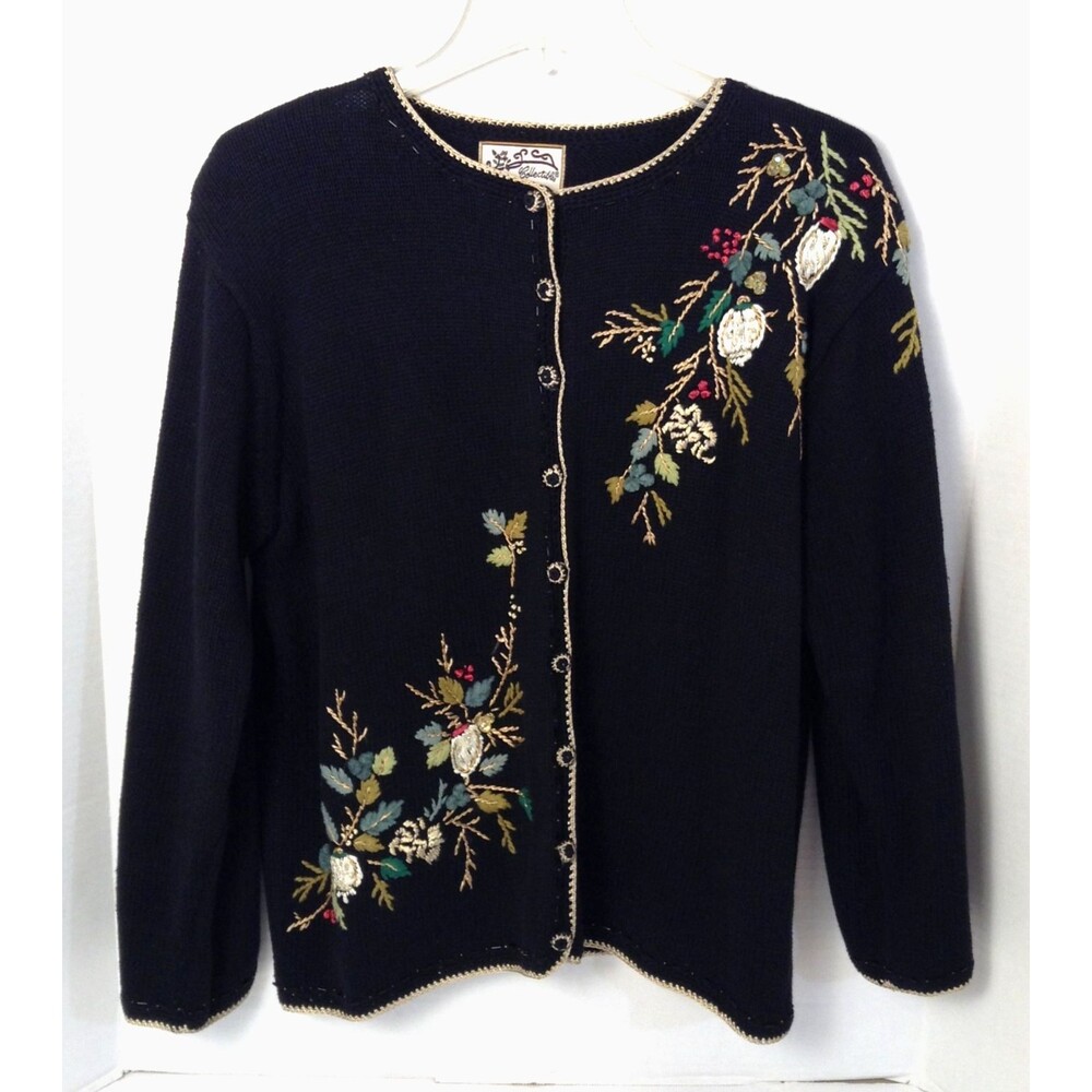 Vtg Heirloom Collectibles Cardigan Sweater Embroidered Floral Cottage Granny 90s